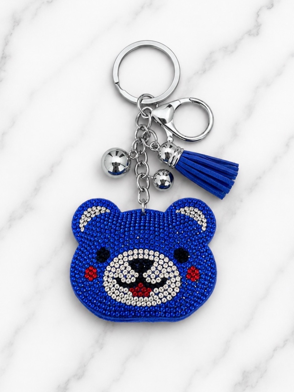 Blue Rhinestoned Bear Bag Charm/Keyring on Silver Hardware